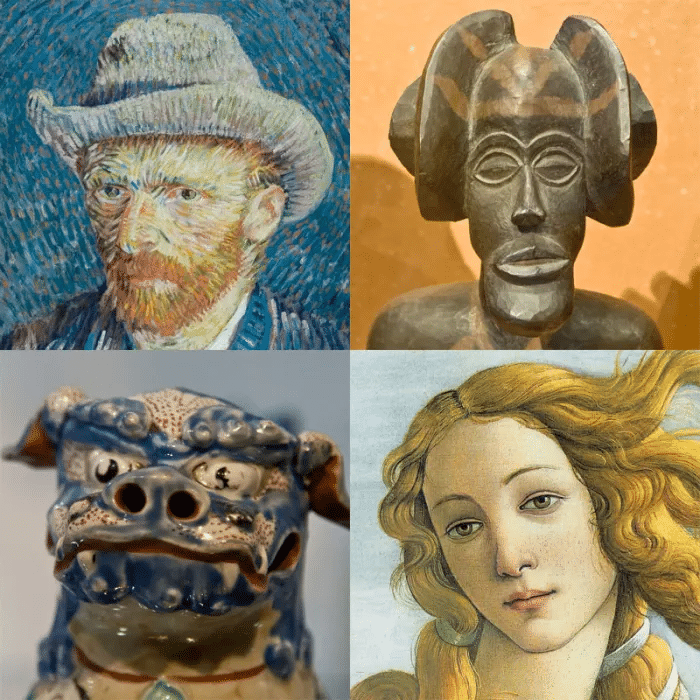 ¿El arte tiene que ver con la agencia? Arriba a la izquierda: van Gogh (autorretrato, 1888), Arriba a la derecha: obra de arte de Chokwe (Angola), Abajo a la izquierda: León del templo (Japón, ~1680), Abajo a la derecha: Venus (Botticelli, 1485).Husky y h3m3ls a través de Wikimedia Commons.