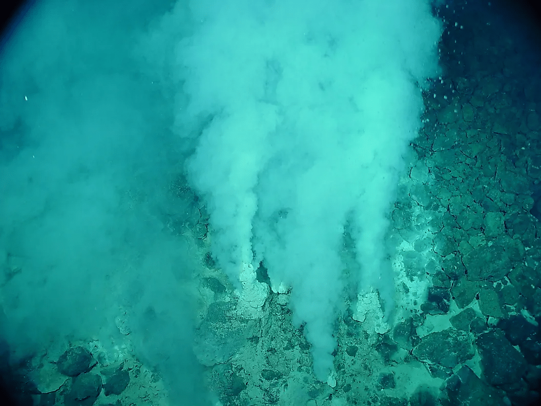 LeyendaChampagne vent, una hidrotermal en la zona patipelágica del monte submarino Eifuku del noroeste.