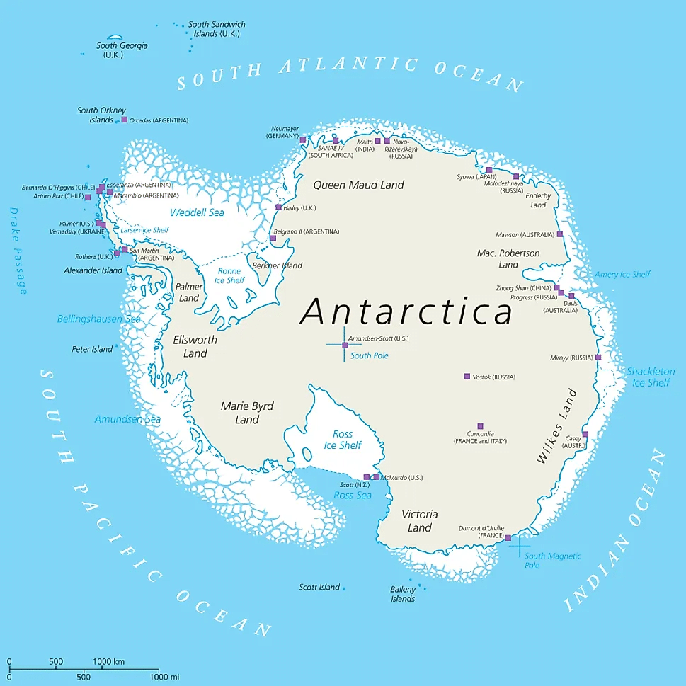 El mapa que muestra la ubicación del Polo Sur en la Antártida.