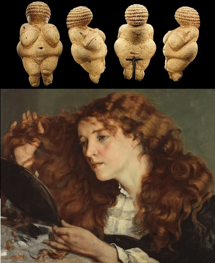 Arriba: La Venus de Willendorf (~25 000 a. C.). Abajo: "Jo, la bella chica irlandesa" (Gustave Courbet, 1866).Bjørn Christian Tørrissen a través de Wikimedia Commons (arriba) e imagen de dominio público (abajo).