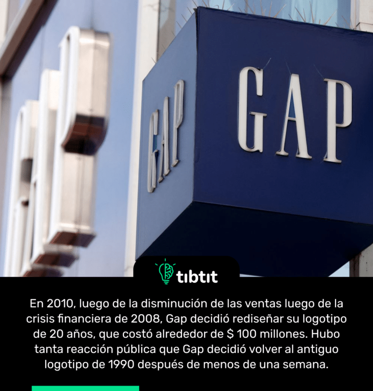 En 2010, luego de la disminución de las ventas luego de la crisis financiera de 2008, Gap decidió rediseñar su logotipo de 20 años, que costó alrededor de $ 100 millones. Hubo tanta reacción pública que Gap decidió volver al antiguo logotipo de 1990 después de menos de una semana.