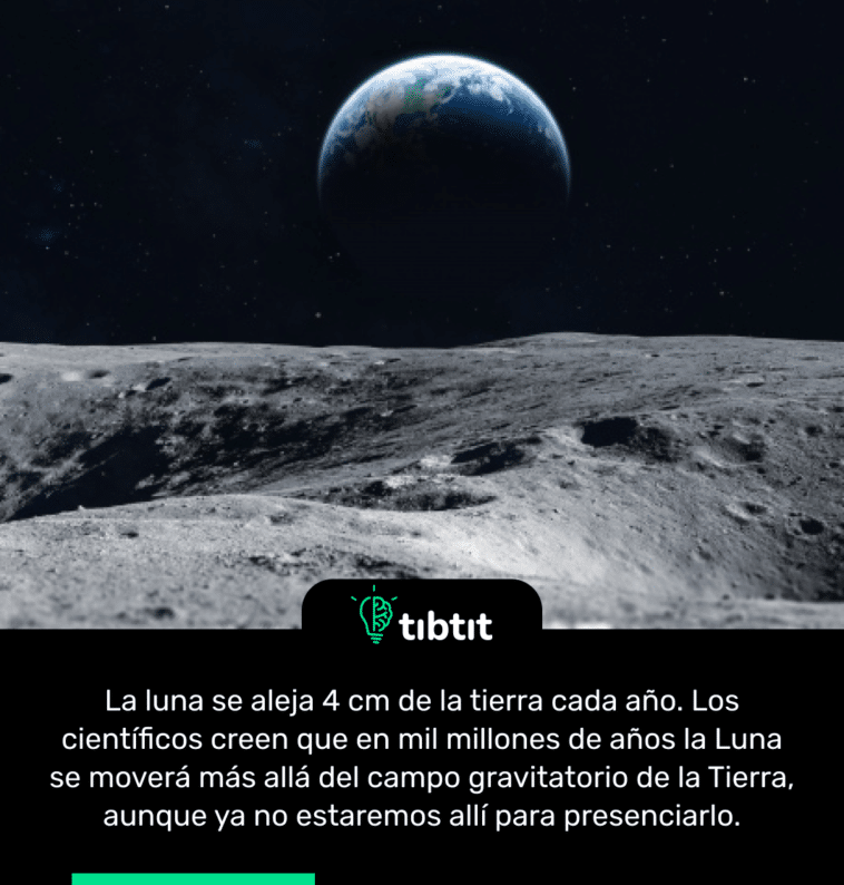 La luna se aleja 4 cm de la tierra cada año. Los científicos creen que en mil millones de años la Luna se moverá más allá del campo gravitatorio de la Tierra, aunque ya no estaremos allí para presenciarlo.