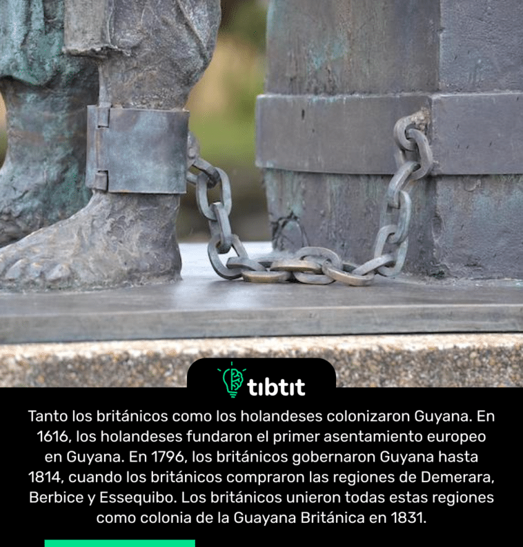 Tanto los británicos como los holandeses colonizaron Guyana. En 1616, los holandeses fundaron el primer asentamiento europeo en Guyana. En 1796, los británicos gobernaron Guyana hasta 1814, cuando los británicos compraron las regiones de Demerara, Berbice y Essequibo. Los británicos unieron todas estas regiones como colonia de la Guayana Británica en 1831.