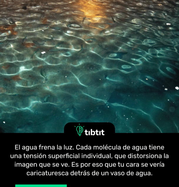 El agua frena la luz. Cada molécula de agua tiene una tensión superficial individual, que distorsiona la imagen que se ve. Es por eso que tu cara se vería caricaturesca detrás de un vaso de agua.