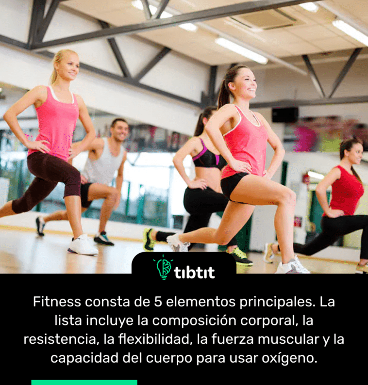 Fitness consta de 5 elementos principales. La lista incluye la composición corporal, la resistencia, la flexibilidad, la fuerza muscular y la capacidad del cuerpo para usar oxígeno.