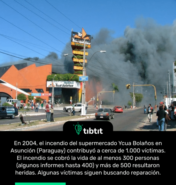 En 2004, el incendio del supermercado Ycua Bolaños en Asunción (Paraguay) contribuyó a cerca de 1.000 víctimas. El incendio se cobró la vida de al menos 300 personas (algunos informes hasta 400) y más de 500 resultaron heridas. Algunas víctimas siguen buscando reparación.