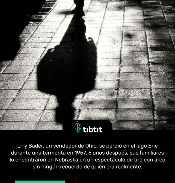 Lrry Bader, un vendedor de Ohio, se perdió en el lago Erie durante una tormenta en 1957. 5 años después, sus familiares lo encontraron en Nebraska en un espectáculo de tiro con arco sin ningún recuerdo de quién era realmente.