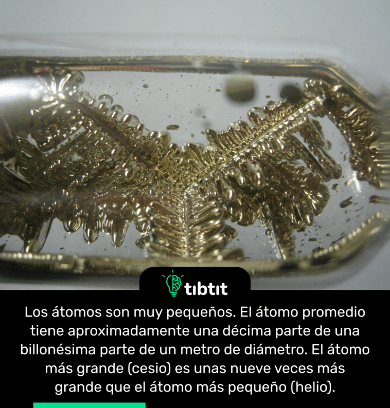 Los átomos son muy pequeños. El átomo promedio tiene aproximadamente una décima parte de una billonésima parte de un metro de diámetro. El átomo más grande (cesio) es unas nueve veces más grande que el átomo más pequeño (helio).