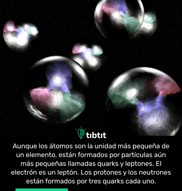 Aunque los átomos son la unidad más pequeña de un elemento, están formados por partículas aún más pequeñas llamadas quarks y leptones. El electrón es un leptón. Los protones y los neutrones están formados por tres quarks cada uno.