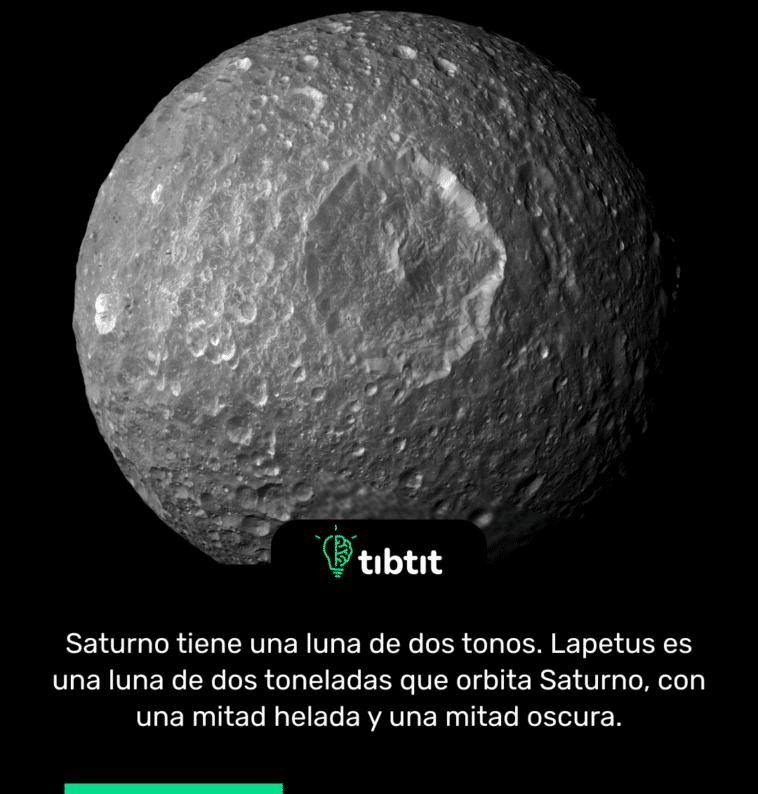 Saturno tiene una luna de dos tonos. Lapetus es una luna de dos toneladas que orbita Saturno, con una mitad helada y una mitad oscura.
