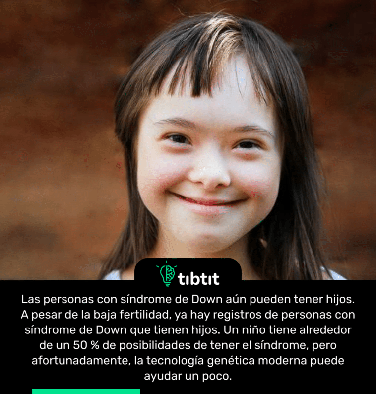 Las personas con síndrome de Down aún pueden tener hijos. A pesar de la baja fertilidad, ya hay registros de personas con síndrome de Down que tienen hijos. Un niño tiene alrededor de un 50 % de posibilidades de tener el síndrome, pero afortunadamente, la tecnología genética moderna puede ayudar un poco.