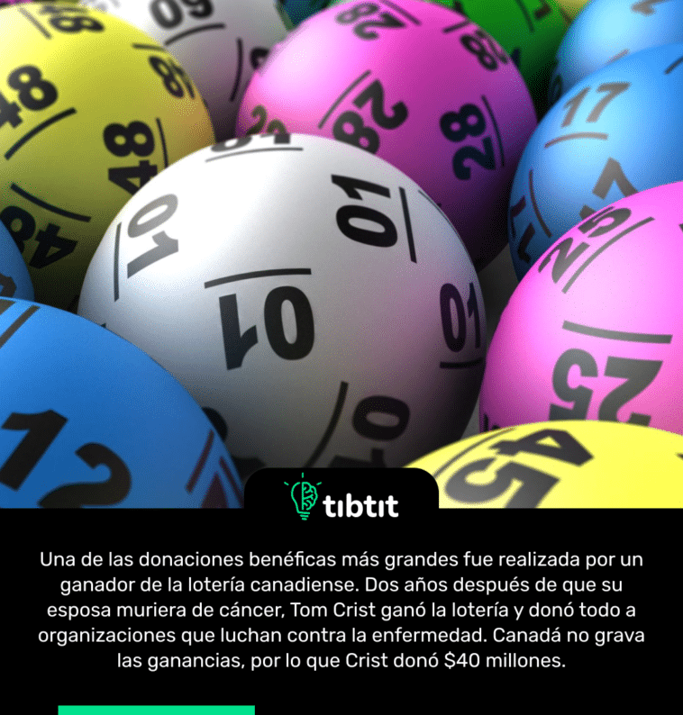 Una de las donaciones benéficas más grandes fue realizada por un ganador de la lotería canadiense. Dos años después de que su esposa muriera de cáncer, Tom Crist ganó la lotería y donó todo a organizaciones que luchan contra la enfermedad. Canadá no grava las ganancias, por lo que Crist donó $40 millones.