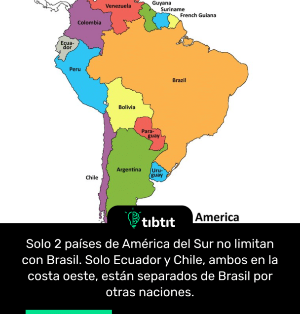 Solo 2 países de América del Sur no limitan con Brasil. Solo Ecuador y Chile, ambos en la costa oeste, están separados de Brasil por otras naciones.