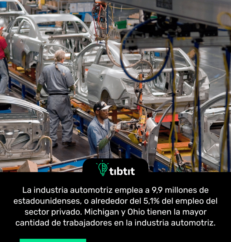 La industria automotriz emplea a 9,9 millones de estadounidenses, o alrededor del 5,1% del empleo del sector privado. Michigan y Ohio tienen la mayor cantidad de trabajadores en la industria automotriz.
