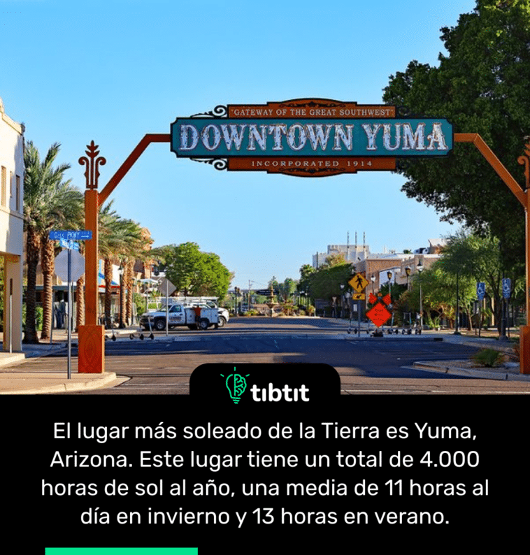 El lugar más soleado de la Tierra es Yuma, Arizona. Este lugar tiene un total de 4.000 horas de sol al año, una media de 11 horas al día en invierno y 13 horas en verano.
