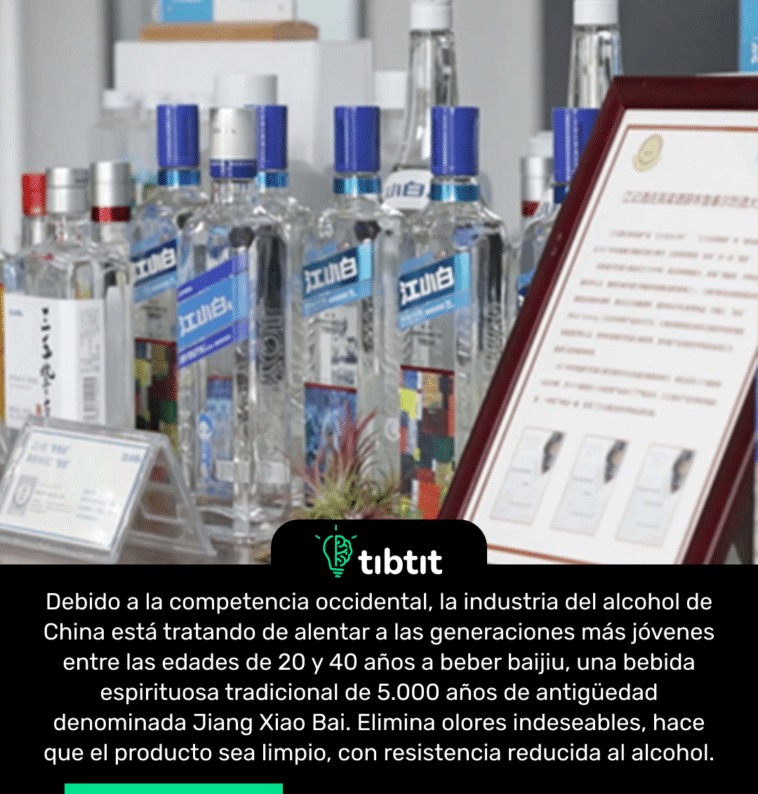 Debido a la competencia occidental, la industria del alcohol de China está tratando de alentar a las generaciones más jóvenes entre las edades de 20 y 40 años a beber baijiu, una bebida espirituosa tradicional de 5.000 años de antigüedad denominada Jiang Xiao Bai. Elimina olores indeseables, hace que el producto sea limpio, con resistencia reducida al alcohol.