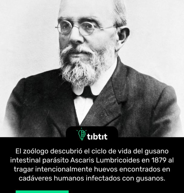 El zoólogo descubrió el ciclo de vida del gusano intestinal parásito Ascaris Lumbricoides en 1879 al tragar intencionalmente huevos encontrados en cadáveres humanos infectados con gusanos.