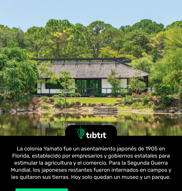 La colonia Yamato fue un asentamiento japonés de 1905 en Florida, establecido por empresarios y gobiernos estatales para estimular la agricultura y el comercio. Para la Segunda Guerra Mundial, los japoneses restantes fueron internados en campos y les quitaron sus tierras. Hoy solo quedan un museo y un parque.