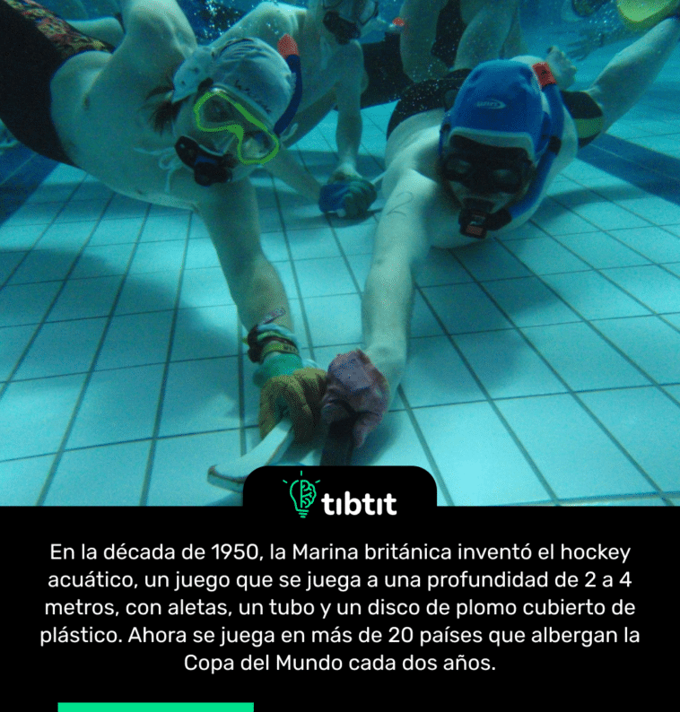 En la década de 1950, la Marina británica inventó el hockey acuático, un juego que se juega a una profundidad de 2 a 4 metros, con aletas, un tubo y un disco de plomo cubierto de plástico. Ahora se juega en más de 20 países que albergan la Copa del Mundo cada dos años.