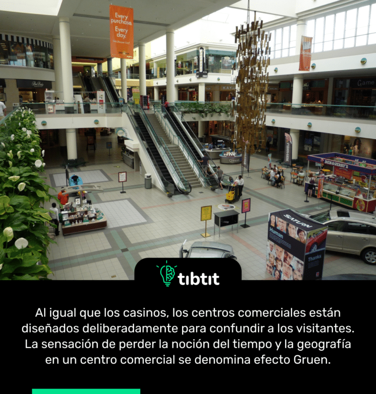 Al igual que los casinos, los centros comerciales están diseñados deliberadamente para confundir a los visitantes. La sensación de perder la noción del tiempo y la geografía en un centro comercial se denomina efecto Gruen.