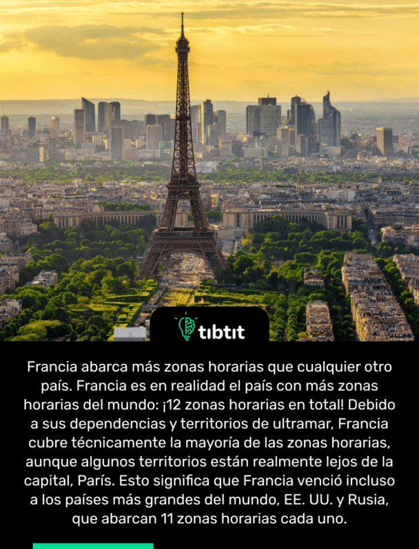 Francia abarca más zonas horarias que cualquier otro país. Francia es en realidad el país con más zonas horarias del mundo: ¡12 zonas horarias en total! Debido a sus dependencias y territorios de ultramar, Francia cubre técnicamente la mayoría de las zonas horarias, aunque algunos territorios están realmente lejos de la capital, París. Esto significa que Francia venció incluso a los países más grandes del mundo, EE. UU. y Rusia, que abarcan 11 zonas horarias cada uno.