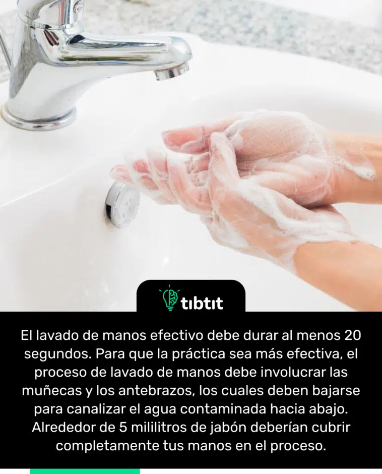 El lavado de manos efectivo debe durar al menos 20 segundos. Para que la práctica sea más efectiva, el proceso de lavado de manos debe involucrar las muñecas y los antebrazos, los cuales deben bajarse para canalizar el agua contaminada hacia abajo. Alrededor de 5 mililitros de jabón deberían cubrir completamente tus manos en el proceso.