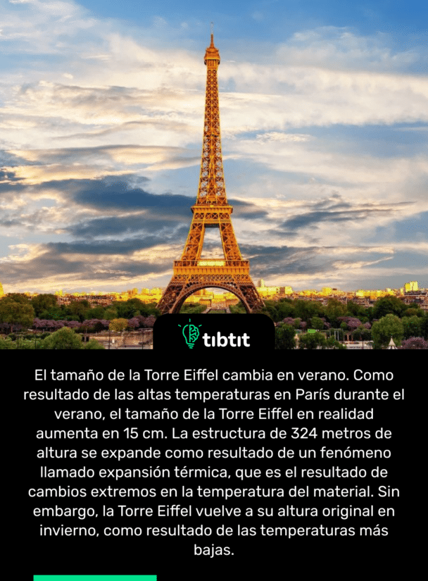 El tamaño de la Torre Eiffel cambia en verano. Como resultado de las altas temperaturas en París durante el verano, el tamaño de la Torre Eiffel en realidad aumenta en 15 cm. La estructura de 324 metros de altura se expande como resultado de un fenómeno llamado expansión térmica, que es el resultado de cambios extremos en la temperatura del material. Sin embargo, la Torre Eiffel vuelve a su altura original en invierno, como resultado de las temperaturas más bajas.