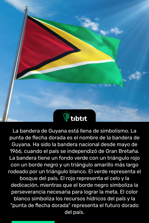 La bandera de Guyana está llena de simbolismo. La punta de flecha dorada es el nombre de la bandera de Guyana. Ha sido la bandera nacional desde mayo de 1966, cuando el país se independizó de Gran Bretaña. La bandera tiene un fondo verde con un triángulo rojo con un borde negro y un triángulo amarillo más largo rodeado por un triángulo blanco. El verde representa el bosque del país. El rojo representa el celo y la dedicación, mientras que el borde negro simboliza la perseverancia necesaria para lograr la meta. El color blanco simboliza los recursos hídricos del país y la "punta de flecha dorada" representa el futuro dorado del país.