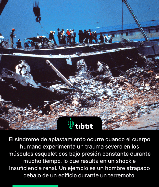 El síndrome de aplastamiento ocurre cuando el cuerpo humano experimenta un trauma severo en los músculos esqueléticos bajo presión constante durante mucho tiempo, lo que resulta en un shock e insuficiencia renal. Un ejemplo es un hombre atrapado debajo de un edificio durante un terremoto.