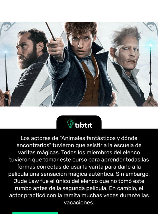 Los actores de "Animales fantásticos y dónde encontrarlos" tuvieron que asistir a la escuela de varitas mágicas. Todos los miembros del elenco tuvieron que tomar este curso para aprender todas las formas correctas de usar la varita para darle a la película una sensación mágica auténtica. Sin embargo, Jude Law fue el único del elenco que no tomó este rumbo antes de la segunda película. En cambio, el actor practicó con la ramita muchas veces durante las vacaciones.