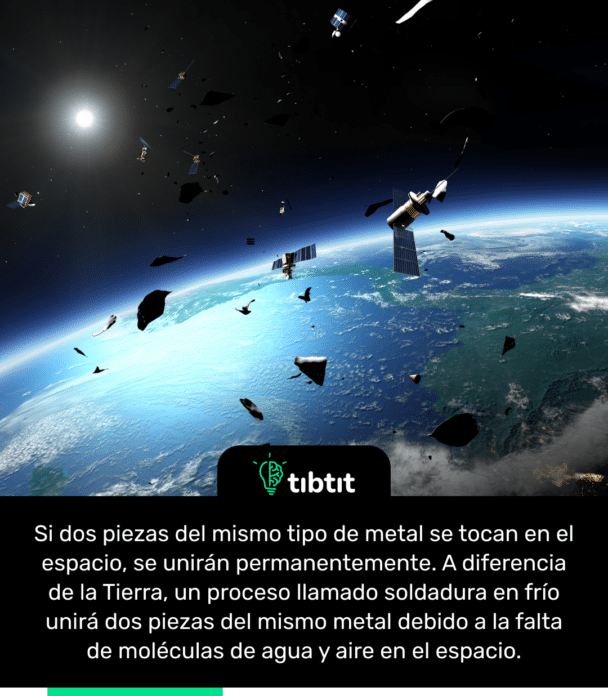 Si dos piezas del mismo tipo de metal se tocan en el espacio, se unirán permanentemente. A diferencia de la Tierra, un proceso llamado soldadura en frío unirá dos piezas del mismo metal debido a la falta de moléculas de agua y aire en el espacio.