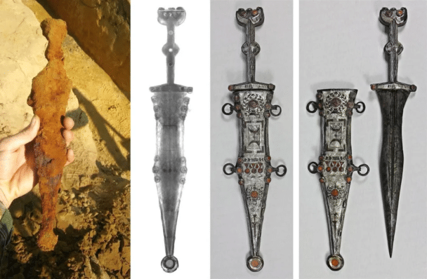 Daga de legionario romano, antes y después de la restauración