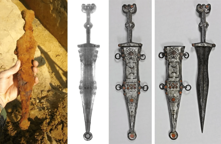 Daga de legionario romano, antes y después de la restauración