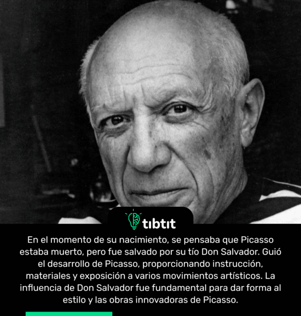 En el momento de su nacimiento, se pensaba que Picasso estaba muerto, pero fue salvado por su tío Don Salvador. Guió el desarrollo de Picasso, proporcionando instrucción, materiales y exposición a varios movimientos artísticos. La influencia de Don Salvador fue fundamental para dar forma al estilo y las obras innovadoras de Picasso.
