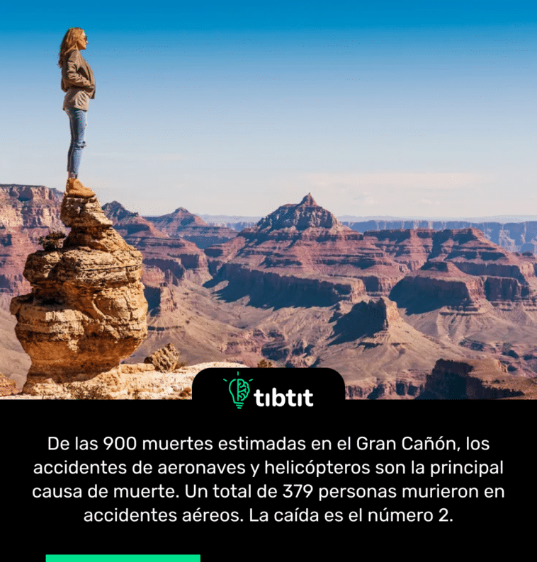 De las 900 muertes estimadas en el Gran Cañón, los accidentes de aeronaves y helicópteros son la principal causa de muerte. Un total de 379 personas murieron en accidentes aéreos. La caída es el número 2.