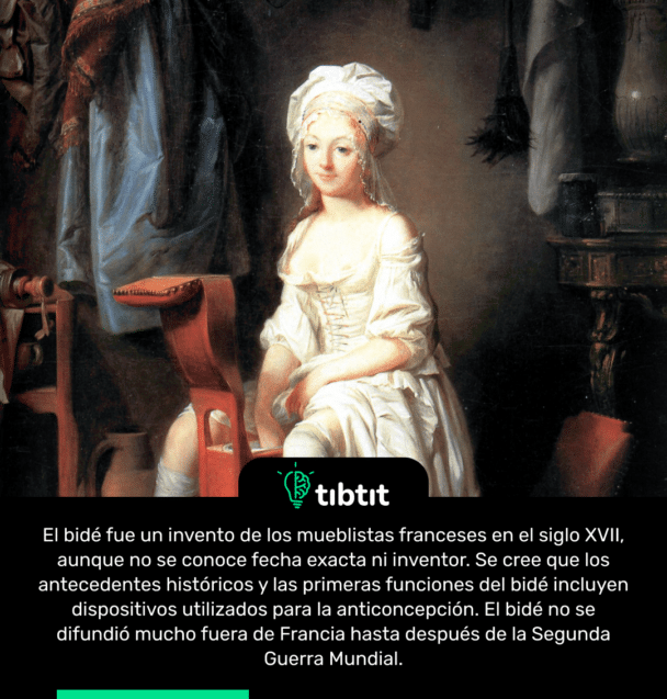 El bidé fue un invento de los mueblistas franceses en el siglo XVII, aunque no se conoce fecha exacta ni inventor. Se cree que los antecedentes históricos y las primeras funciones del bidé incluyen dispositivos utilizados para la anticoncepción. El bidé no se difundió mucho fuera de Francia hasta después de la Segunda Guerra Mundial.