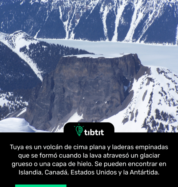 Tuya es un volcán de cima plana y laderas empinadas que se formó cuando la lava atravesó un glaciar grueso o una capa de hielo. Se pueden encontrar en Islandia, Canadá, Estados Unidos y la Antártida.