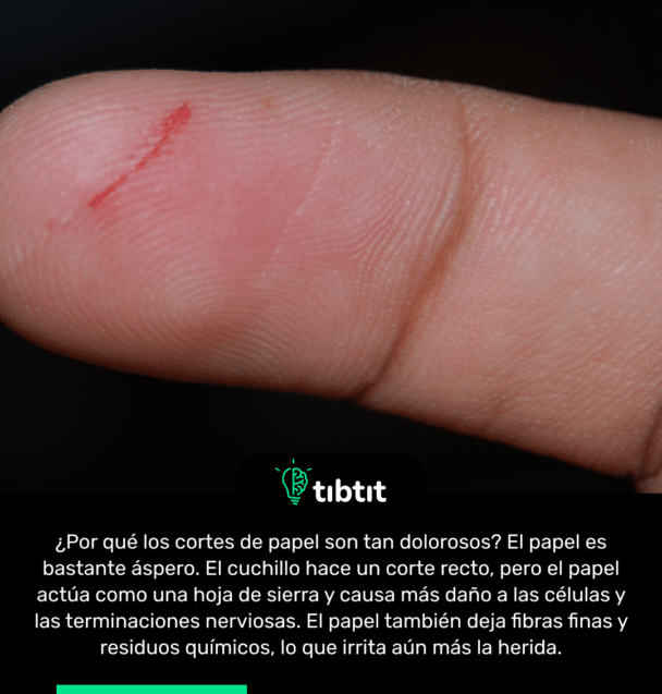 ¿Por qué los cortes de papel son tan dolorosos? El papel es bastante áspero. El cuchillo hace un corte recto, pero el papel actúa como una hoja de sierra y causa más daño a las células y las terminaciones nerviosas. El papel también deja fibras finas y residuos químicos, lo que irrita aún más la herida.