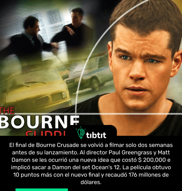 El final de Bourne Crusade se volvió a filmar solo dos semanas antes de su lanzamiento. Al director Paul Greengrass y Matt Damon se les ocurrió una nueva idea que costó $ 200,000 e implicó sacar a Damon del set Ocean's 12. La película obtuvo 10 puntos más con el nuevo final y recaudó 176 millones de dólares.