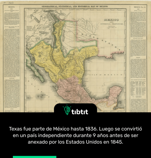 Texas fue parte de México hasta 1836. Luego se convirtió en un país independiente durante 9 años antes de ser anexado por los Estados Unidos en 1845.