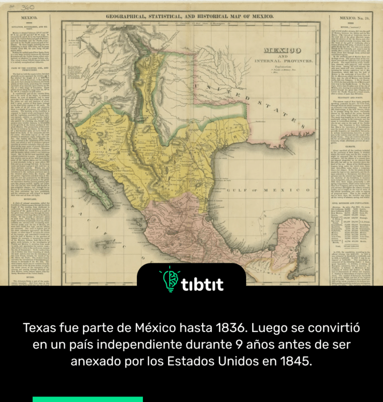 Texas fue parte de México hasta 1836. Luego se convirtió en un país independiente durante 9 años antes de ser anexado por los Estados Unidos en 1845.
