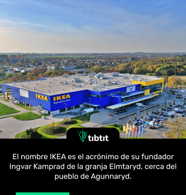 El nombre IKEA es el acrónimo de su fundador Ingvar Kamprad de la granja Elmtaryd, cerca del pueblo de Agunnaryd.