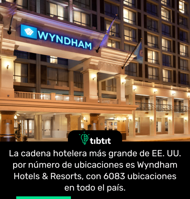 La cadena hotelera más grande de EE. UU. por número de ubicaciones es Wyndham Hotels & Resorts, con 6083 ubicaciones en todo el país.