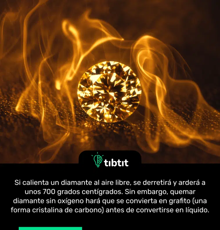 Si calienta un diamante al aire libre, se derretirá y arderá a unos 700 grados centígrados. Sin embargo, quemar diamante sin oxígeno hará que se convierta en grafito (una forma cristalina de carbono) antes de convertirse en líquido.