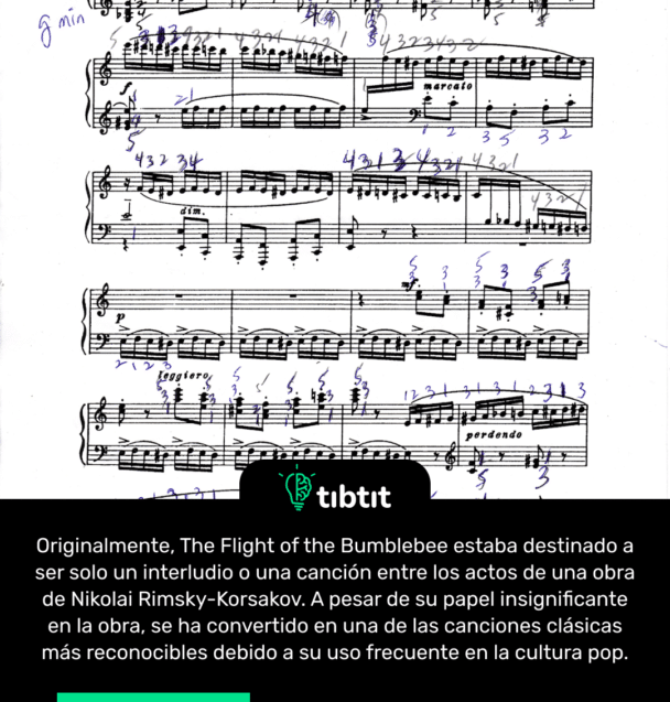 Originalmente, The Flight of the Bumblebee estaba destinado a ser solo un interludio o una canción entre los actos de una obra de Nikolai Rimsky-Korsakov. A pesar de su papel insignificante en la obra, se ha convertido en una de las canciones clásicas más reconocibles debido a su uso frecuente en la cultura pop.