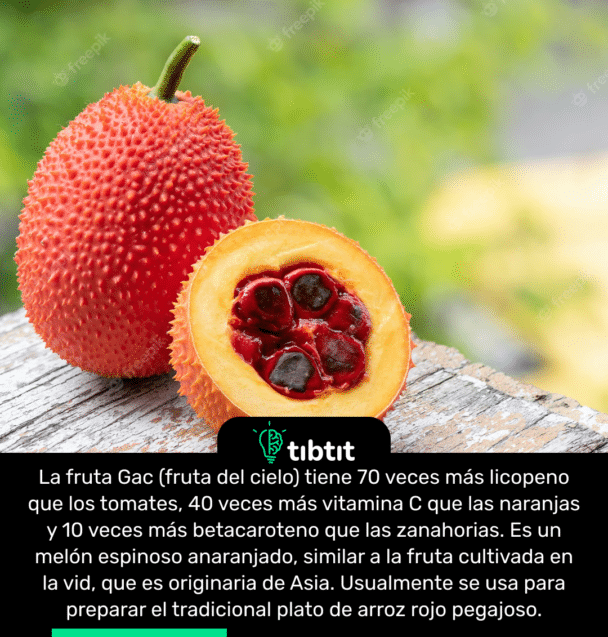 La fruta Gac (fruta del cielo) tiene 70 veces más licopeno que los tomates, 40 veces más vitamina C que las naranjas y 10 veces más betacaroteno que las zanahorias. Es un melón espinoso anaranjado, similar a la fruta cultivada en la vid, que es originaria de Asia. Usualmente se usa para preparar el tradicional plato de arroz rojo pegajoso.