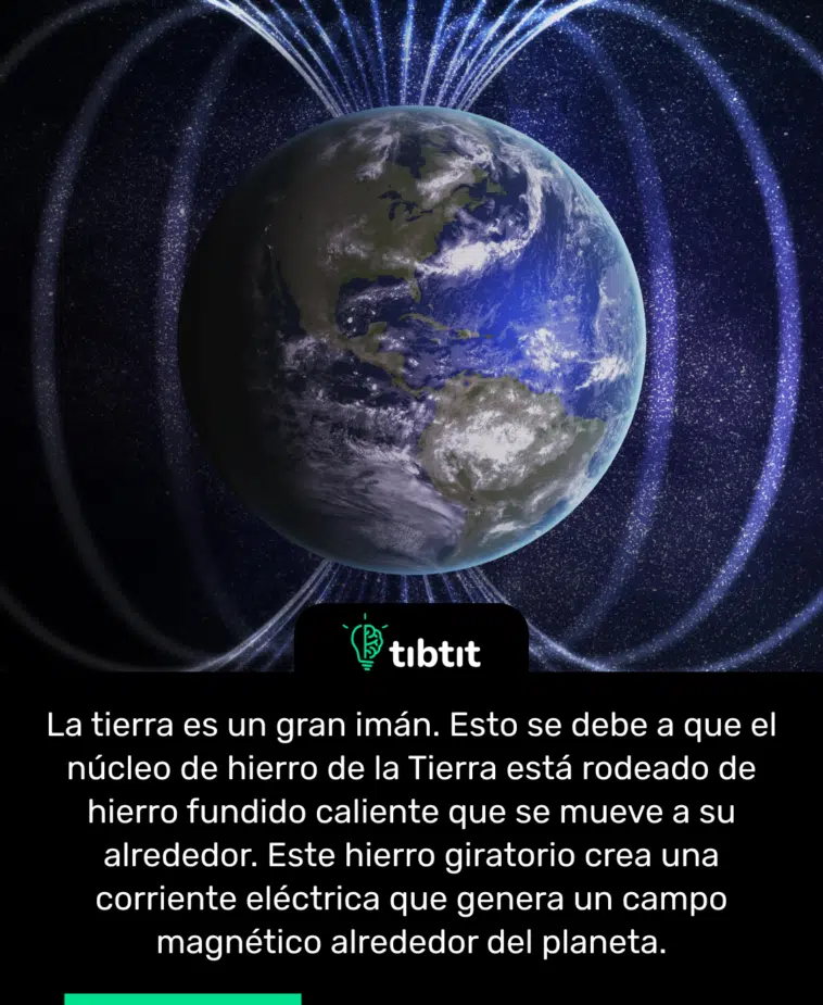 La tierra es un gran imán. Esto se debe a que el núcleo de hierro de la Tierra está rodeado de hierro fundido caliente que se mueve a su alrededor. Este hierro giratorio crea una corriente eléctrica que genera un campo magnético alrededor del planeta.