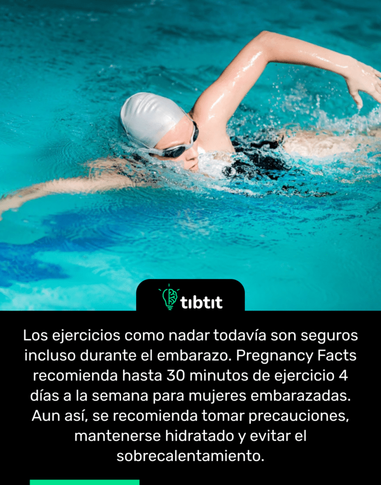 Los ejercicios como nadar todavía son seguros incluso durante el embarazo. Pregnancy Facts recomienda hasta 30 minutos de ejercicio 4 días a la semana para mujeres embarazadas. Aun así, se recomienda tomar precauciones, mantenerse hidratado y evitar el sobrecalentamiento.
