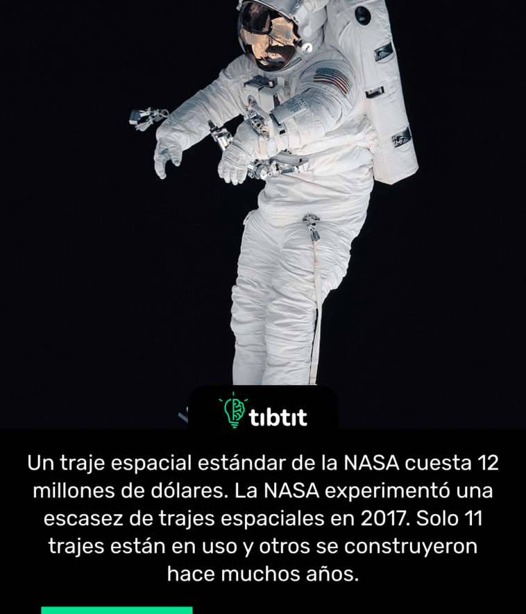Un traje espacial estándar de la NASA cuesta 12 millones de dólares. La NASA experimentó una escasez de trajes espaciales en 2017. Solo 11 trajes están en uso y otros se construyeron hace muchos años.
