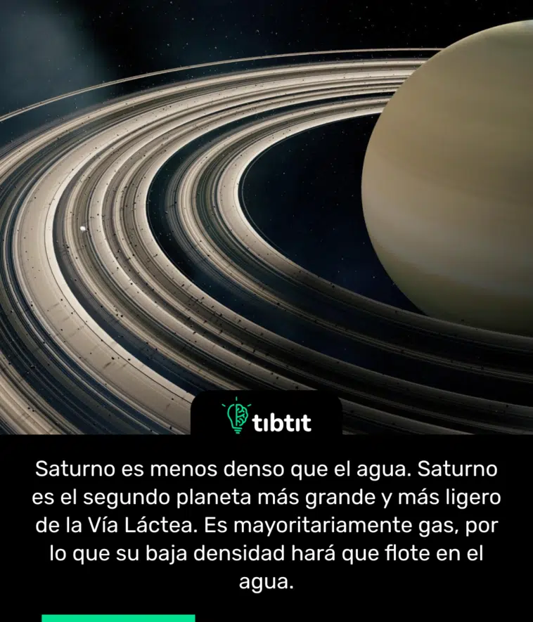 Saturno es menos denso que el agua. Saturno es el segundo planeta más grande y más ligero de la Vía Láctea. Es mayoritariamente gas, por lo que su baja densidad hará que flote en el agua.